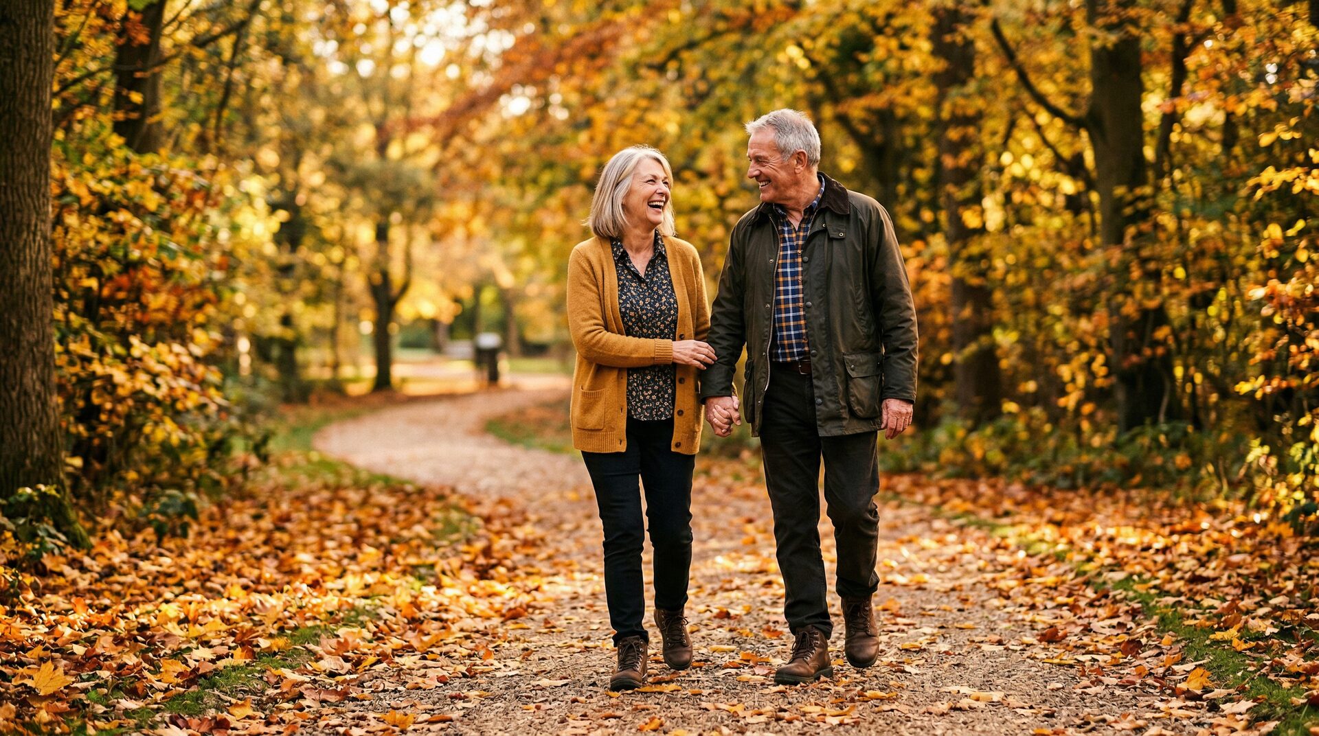 Happy couple walking together on an autumn path