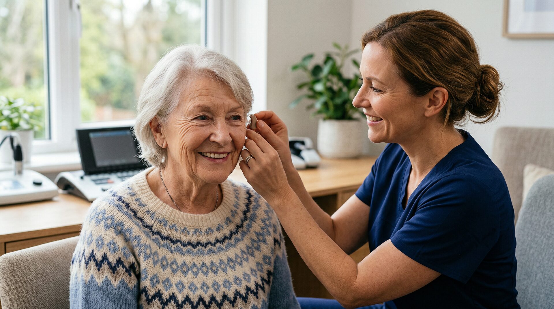 Audiologist fitting a hearing aid on a patient